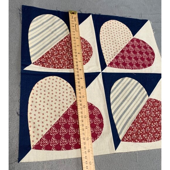 Vintage Handmade Quilt Top Block with Heart Pattern Red White & Blue 16.25” x 16 - Picture 3 of 6